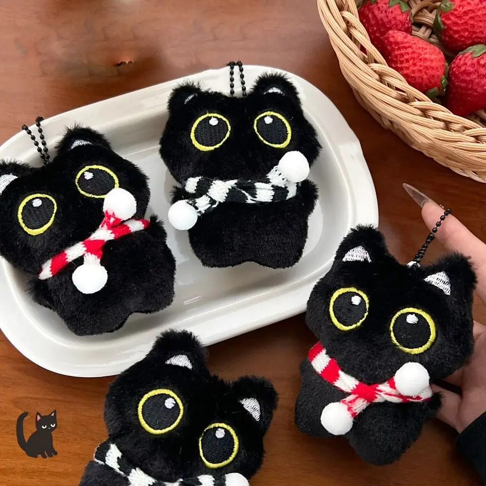 Soft Squeak Scarf Black Cat Pendant Chirping Plush Stuffed Squeeze Plush Keychain Keyring Toys Plush Stuffed Toys