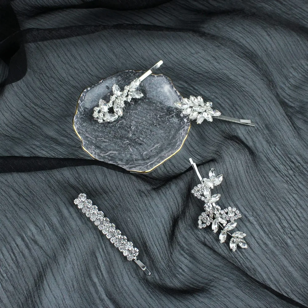 4 قطع من مشابك شعر الزفاف، إكسسوارات شعر من حجر الراين، دبابيس شعر زفاف على شكل أوراق شجر، دبابيس شعر كريستالية، مجوهرات دبوس شعر فضي