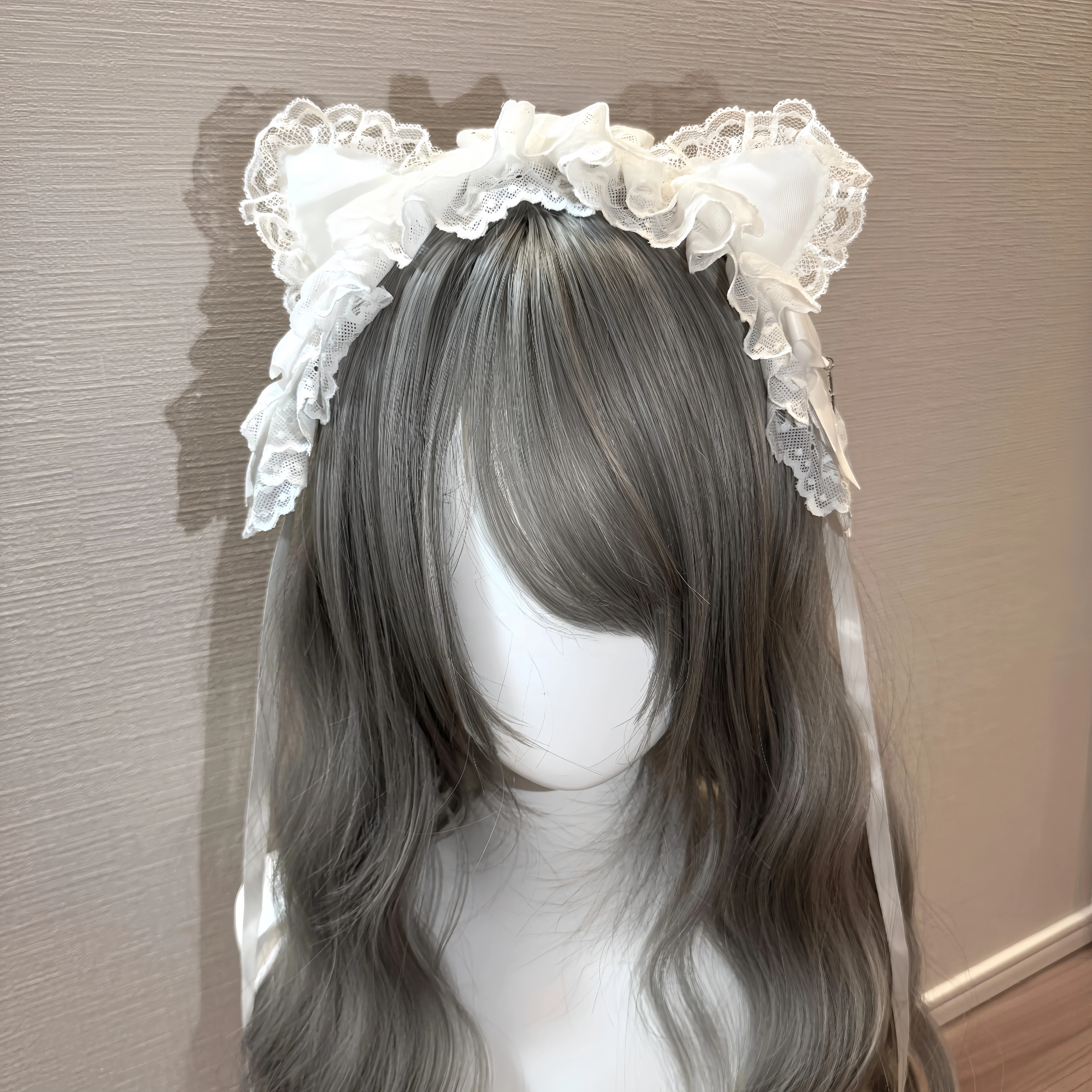 New Handmade Rivet Steampunk Cat Ear Headband Lolita KC Lace Bow Puffy Hair Accessory Gotich Subculture Black & White Headpiece