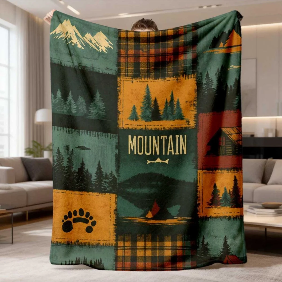 2026 New Flannel Blanket Release - Oversized Soft Flannel Blanket with Plaid And Mountain Scenery Design in Green, Brown, Black,