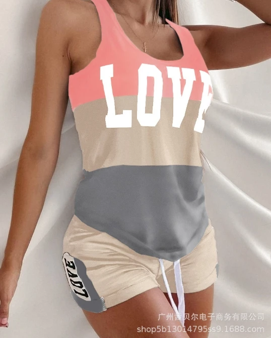 Summer Round Neck Sleeveless Vest with Color Blocking Letter Print Top, Drawstring Waist Curled Edge Printed Shorts Set