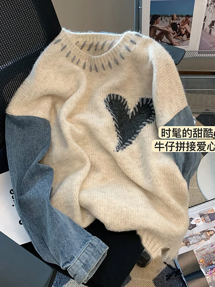 2023 Autumn Winter New Design Women Sweaters Long Sleeve Denim Stitching Knit Pullover Japanese Sweet Jumpers