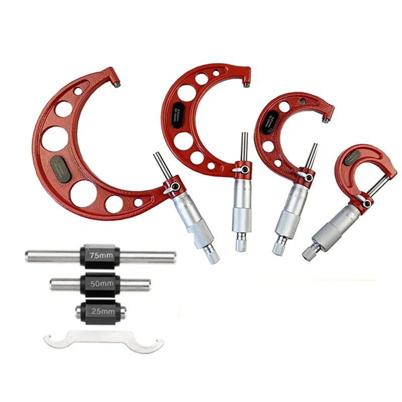 4 PCS 0-25Mm-50Mm-75Mm-100Mm Outside Micrometer Set With Standards Ratchet Stop Metal 0-100Mm Range 0.01Mm Graduation