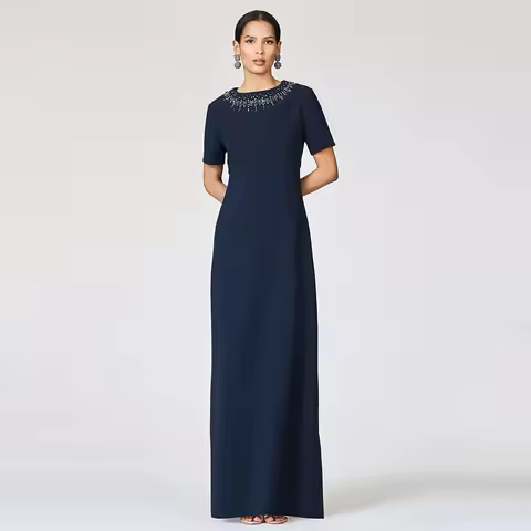 Customized Luxury Mother of the Bride Dress Navy Blue Crystal O Neck Wedding Guest Gowns Long Column Short Sleeves Evening Dress