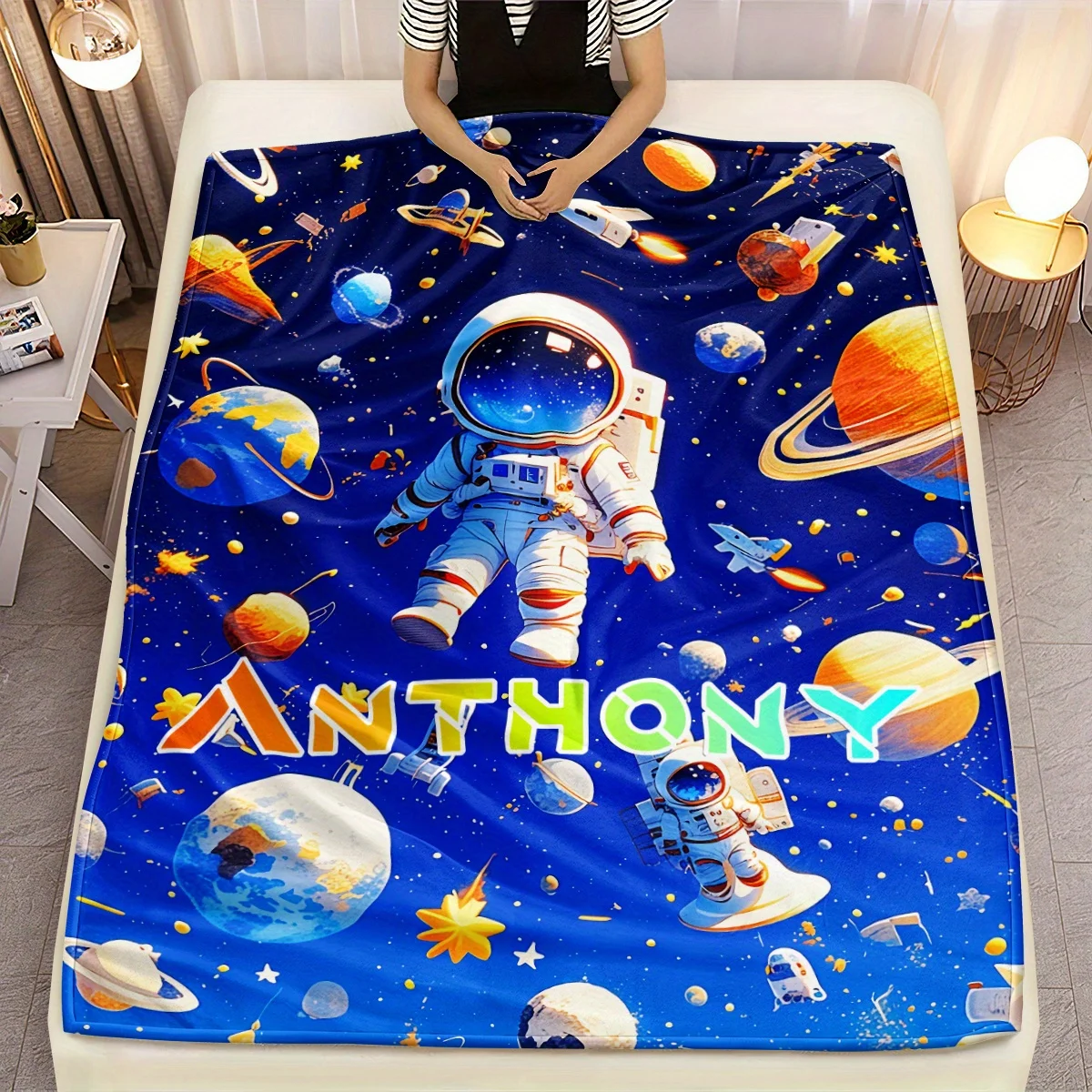 Customizable astronaut and space planet flannel blanket - soft, warm, lightweight, suitable for sofa, bedroom, travel or camping