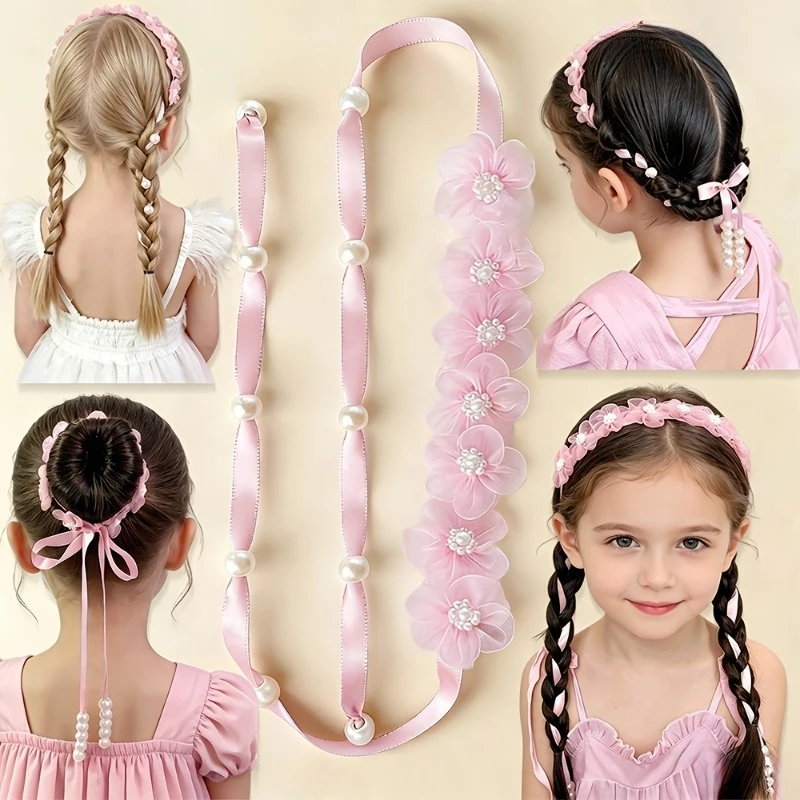 1 Stück Organza-Blumen-Haarband mit langem Band, modisches böhmisches Blumen-Haargummi, geflochtenes Haarband, geeignet für tägliche Partys – Detail 6