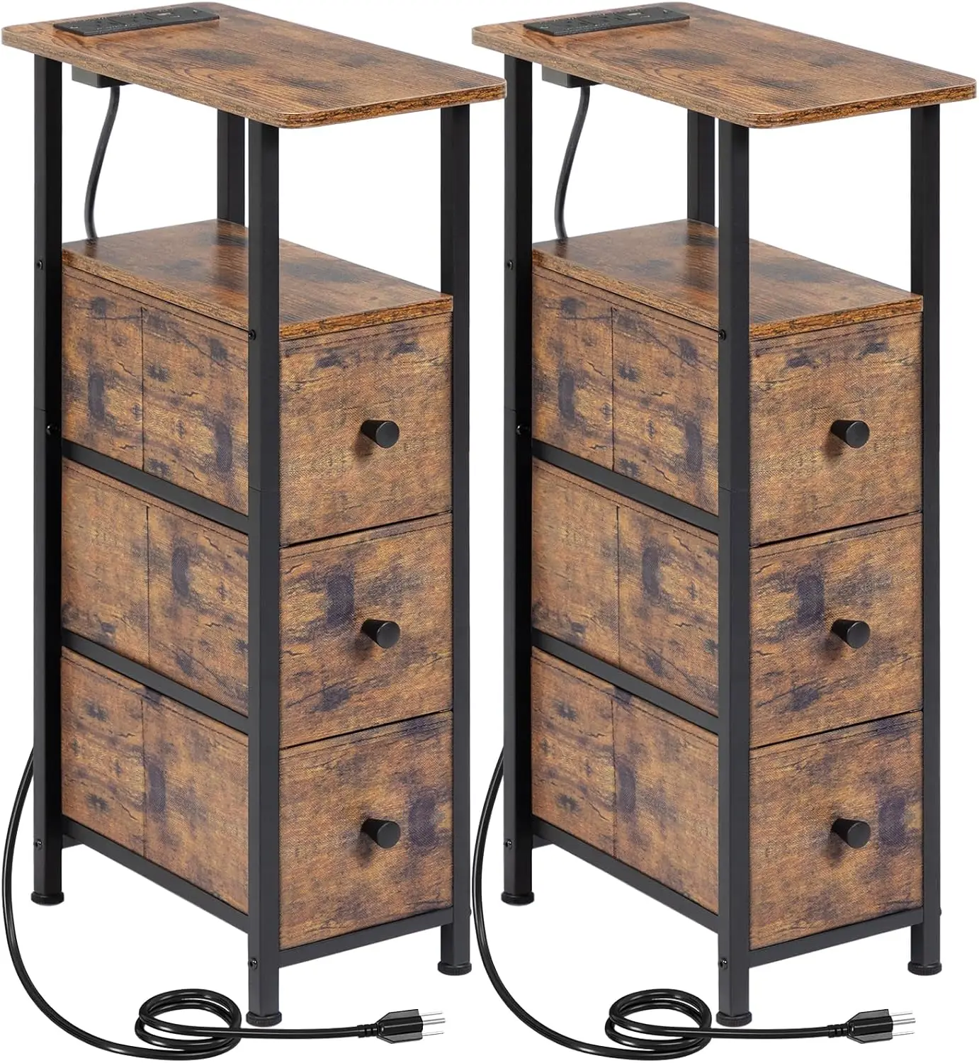 

End Tables Living Room Set of 2 with Charging Station, Skinny Side Table with Fabric Drawers, Slim Nightstand for Bedroom
