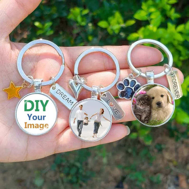 Newest Custom Photo Keychain Cartoon Heart Cat Paw Pendant Personalized Glass Picture Handmade Keyring for Family Mother Gifts