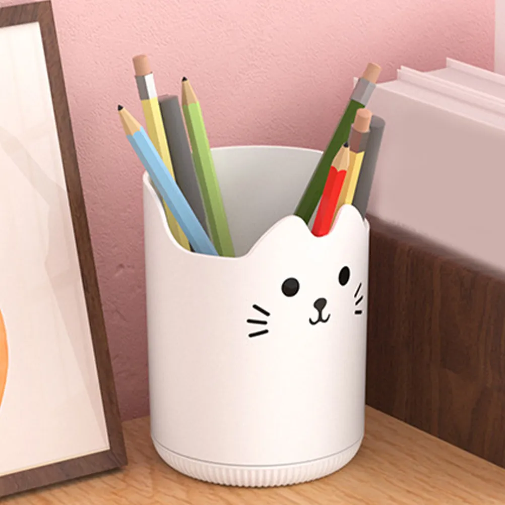 Rotating Cat Makeup Brush Holder Large Desktop Organizer for Stationery Lipstick Beauty Tools White Minimalist Design Countertop