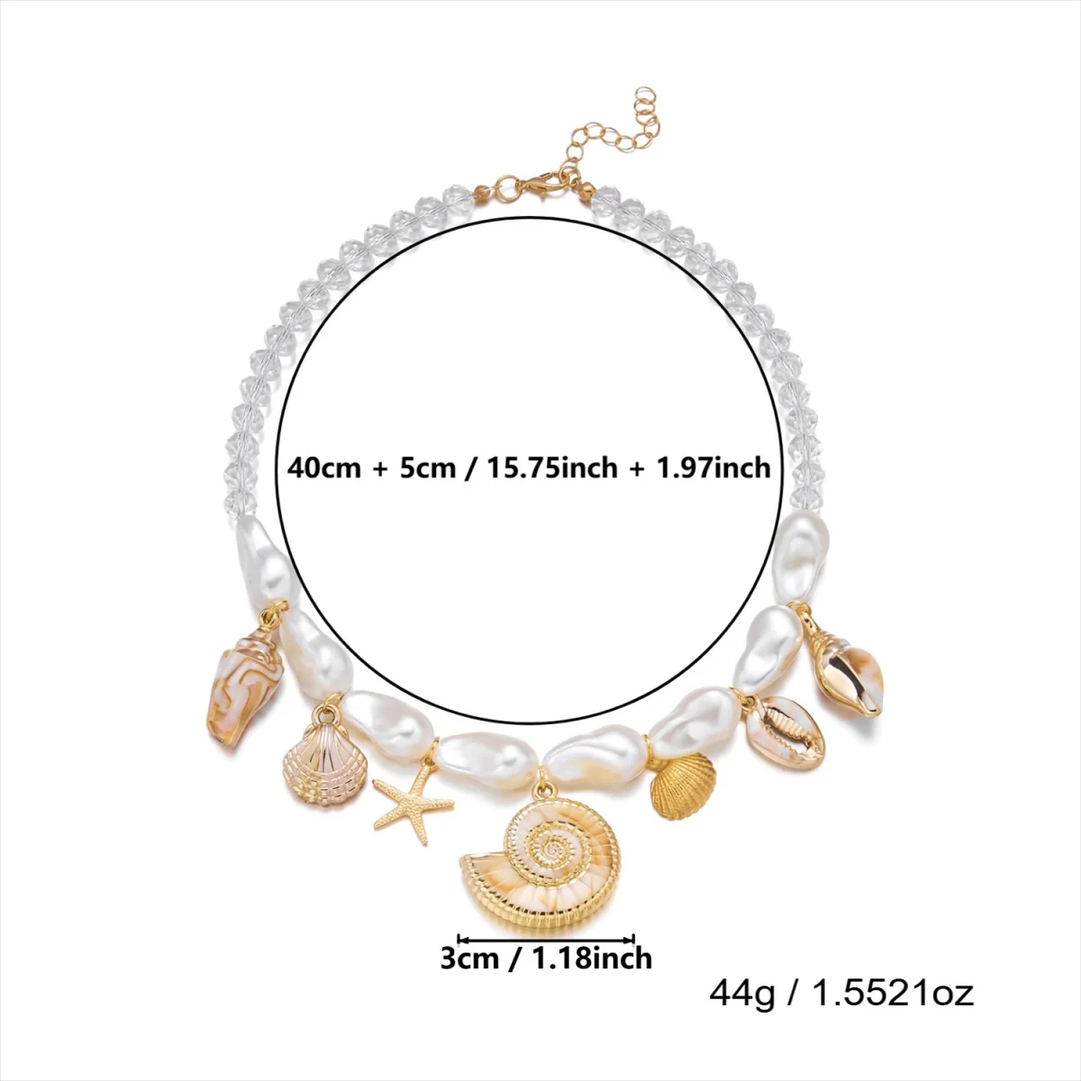 Acryl-Muschel-Seestern-Anhänger-Halskette für Damen und Herren, barocke Imitationsperlen, Kristall, gespleißte Perlen, Choker, Sommerschmuck – Detail 12