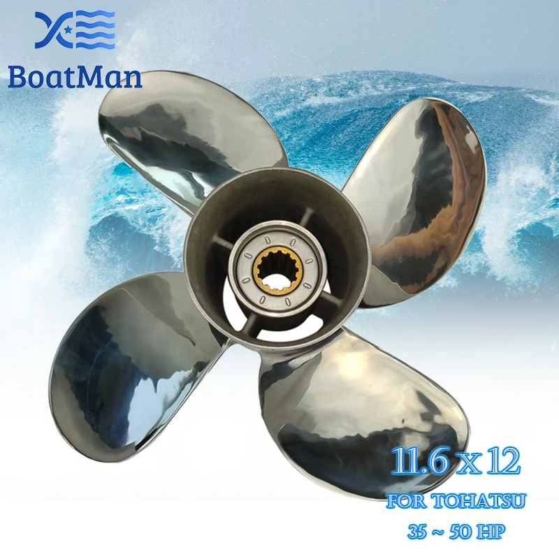 

Boatman Boat Propeller 11.6x12 Match with Tohatsu Outboard Engines MFS40A MFS50A 4 Blades Stainless Steel 13 Spline Tooth RH