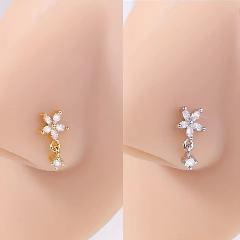 1 L-förmiger Nasenring mit fünfblütigem Blumenanhänger | Edelstahl, hypoallergen, Goldstahl, Y2k-Stil – Detail 1