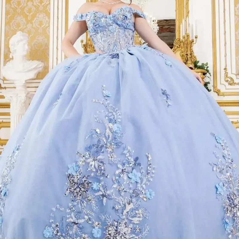 Abiti Quinceanera eleganti con spalle scoperte personalizzati 2025 Abito da festa con applicazioni di fiori 3D Abito da festa lucido 16