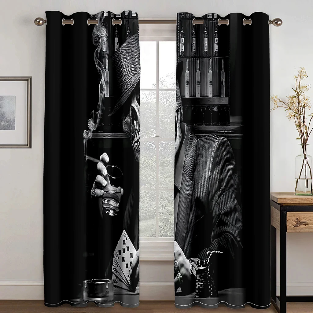 

3D Horror Male Black Skull Curtains Pluck Chips Living Room Bedroom Balcony Window Decorative Curtains 2 Panels