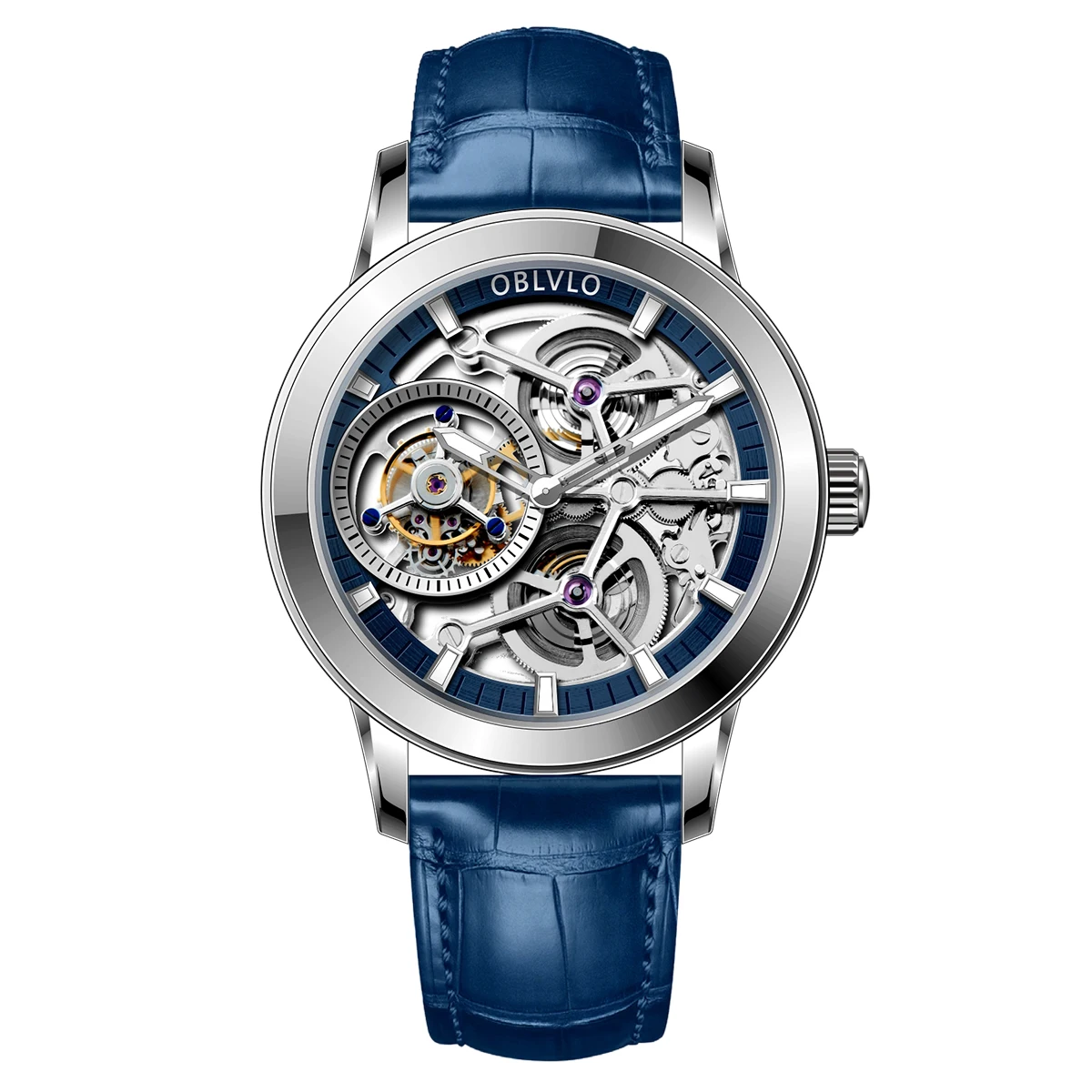 OBLVLO Designer Tourbillon Men Mechanical Watches Genuine Leather Steel Skeleton Dial Manual-Wind Watches