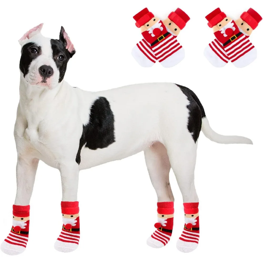 1 Pair Christmas Dog Socks, Santa Claus Snowflake Anti-Slip Knit Pet Paw Protector Socks, Warm Soft Pet Foot Cover for Small Medium Dogs Puppy Indoor Floor Xmas Holiday Costume