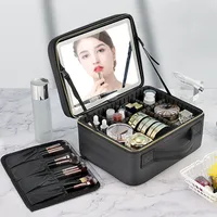 Estuche de cosméticos LED inteligente con espejo, bolsa de maquillaje de viaje de gran capacidad, producto para el cuidado de la piel de esteticista femenina, estuche de maquillaje para mujer