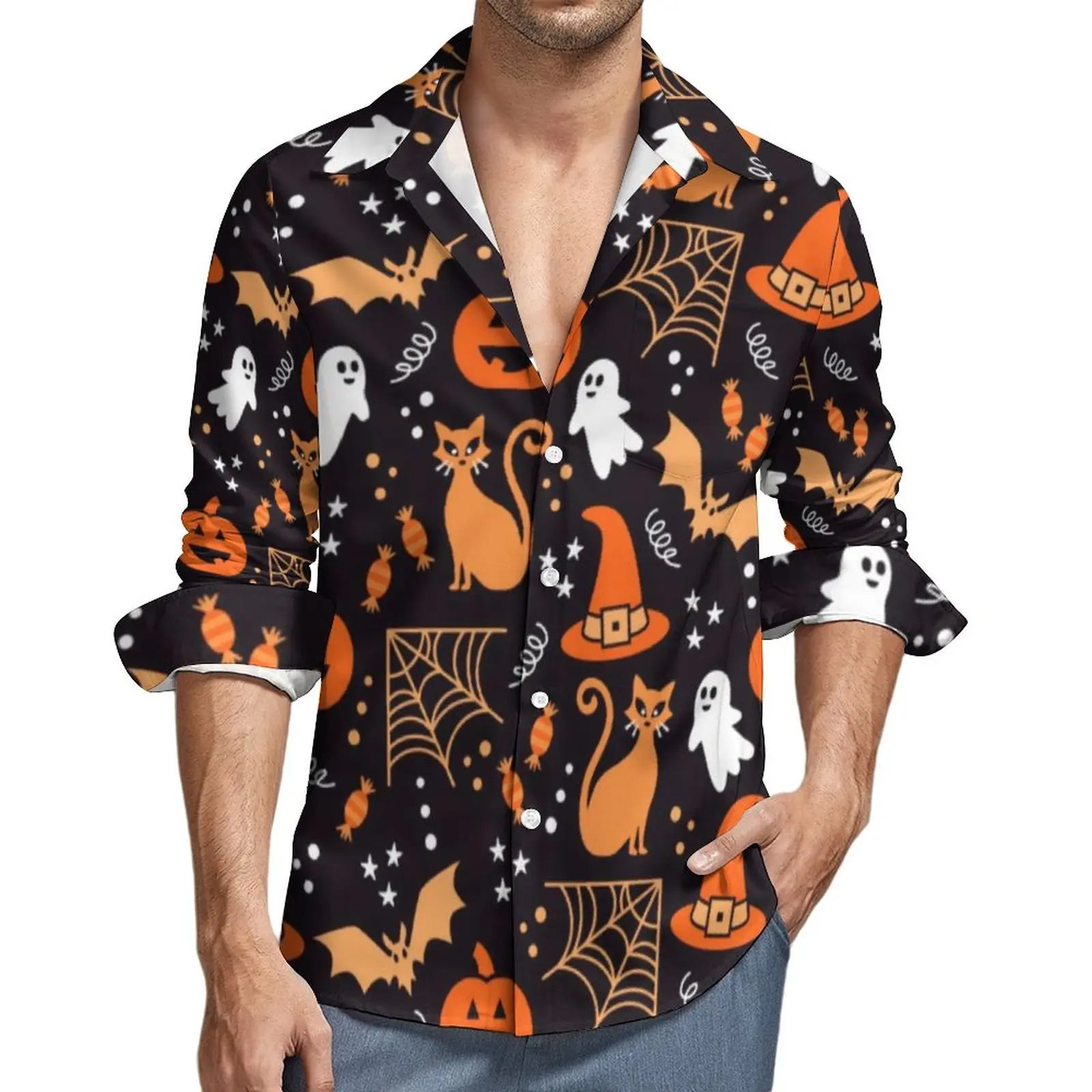 Spooky Halloween Shirt Autumn Skull And Pumpkins Casual Shirts Men Cool Blouses Long Sleeve Design Y2K Clothing Plus Size 4XL