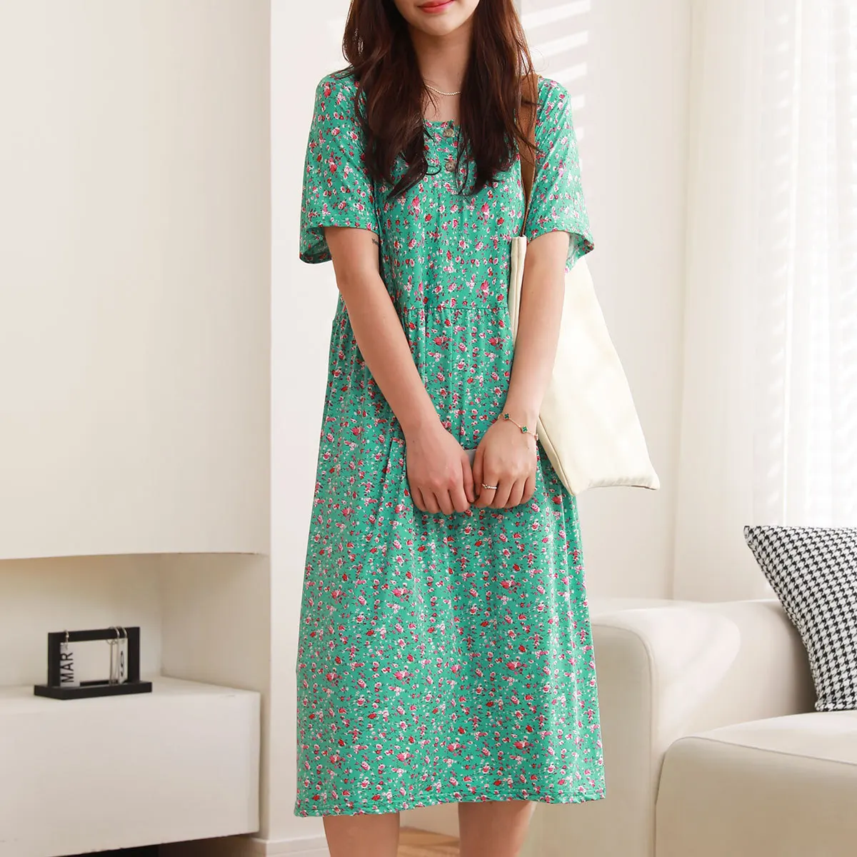 Summer Ladies Nightdress Floral Dress New Nightdress Loungewear Middle-Aged and Elderly Short Sleeve Long Skirt Loungewear