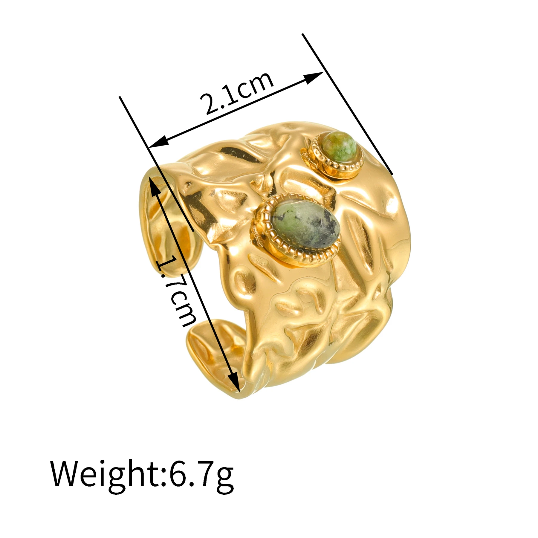 Freeteeme Irregular wrinkled Open Ring for Women 18K Gold Plated Stainless Steel Inlaid Green Stone Rings Jewelry Christmas Gift