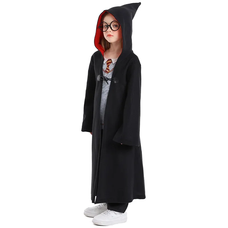 Children Girls Medieval Magic Wizard Hooded Robe Sets Kids Boys British Style Academy Costume Halloween Cosplay Party Dress Up