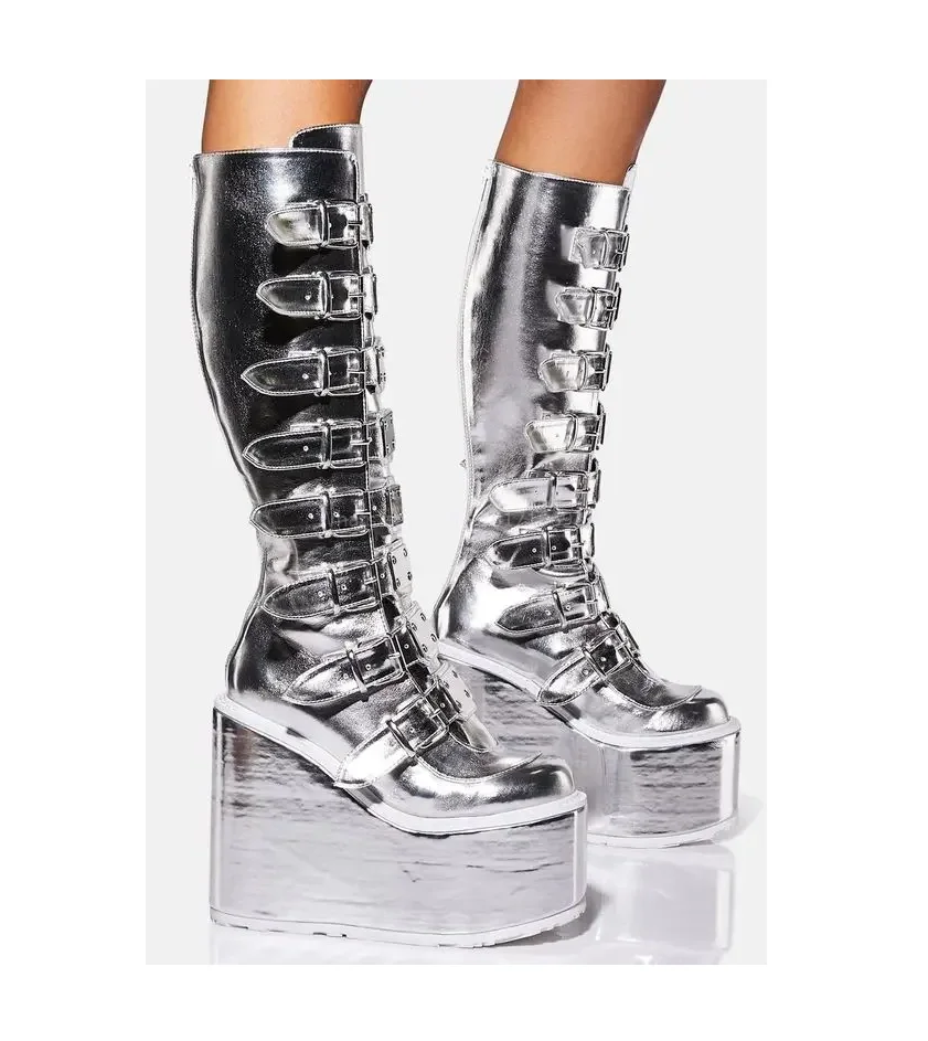 Design Silver Platform Wedges Knee High Boots Women Buckle High Heel Round Toe Cute Girl Boots Lady Shoes 2023