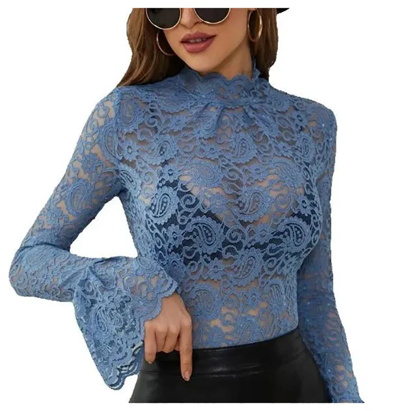 Elegancka koszula damska czarna O Neck Flare z długim rękawem koronkowe t-shirty damskie drążą solidne topy Tee — zdjęcie 2