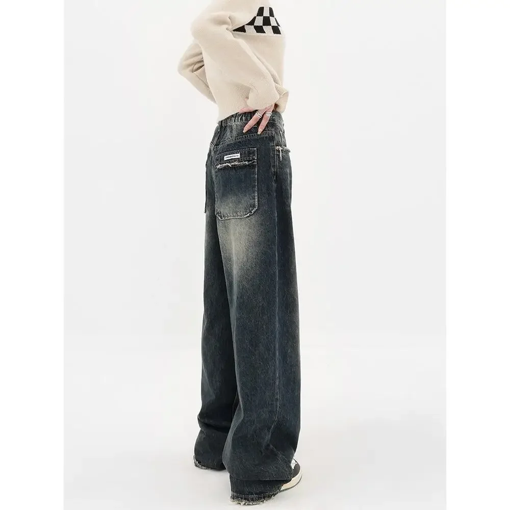 Deeptown Harajuku Streetwear Retro Fashion Autumn Women High Waist Jeans Loose Wide Leg Straight Denim Trousers Y2K Baggy Pants