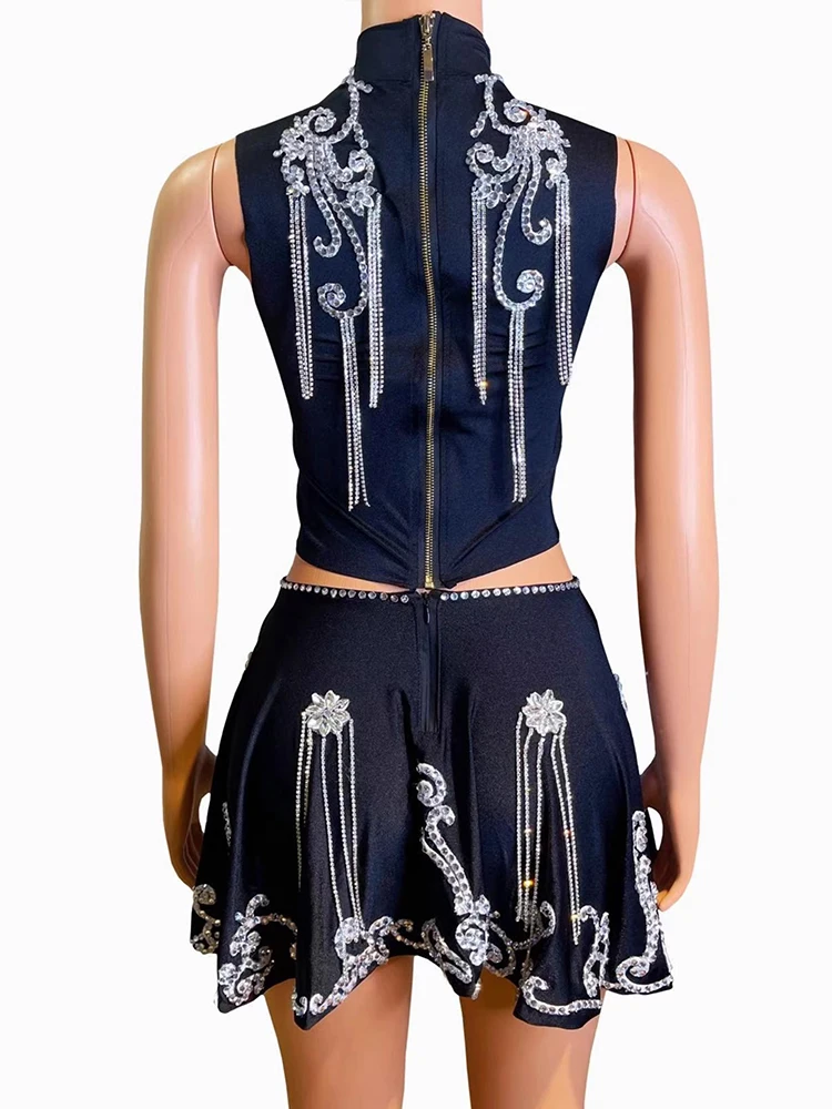 Hoge kwaliteit strass kwastje korte top + halve rok tweedelige set 2025, nieuwe mode aangepaste dameskleding