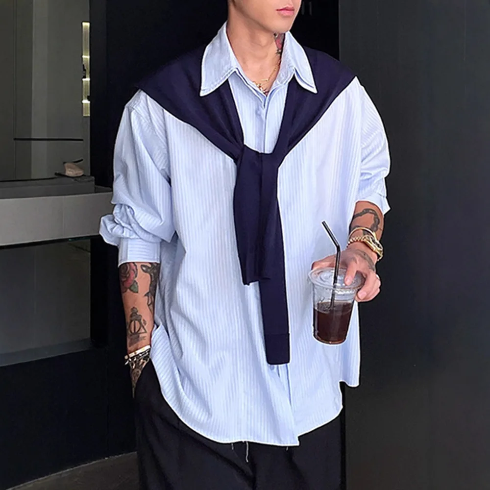 

Blue Striped Shirt Men's 2026 New Shawl High-end Design Fake Two-piece Long-sleeved Shirt Jacket