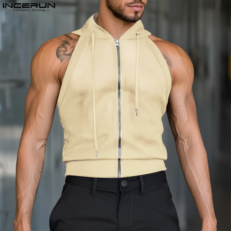 

Men Tank Tops Mesh Patchwork Hooded Zipper Sleeveless Male Vests Streetwear 2025 Summer See Through Fashion Men Clothing INCERUN