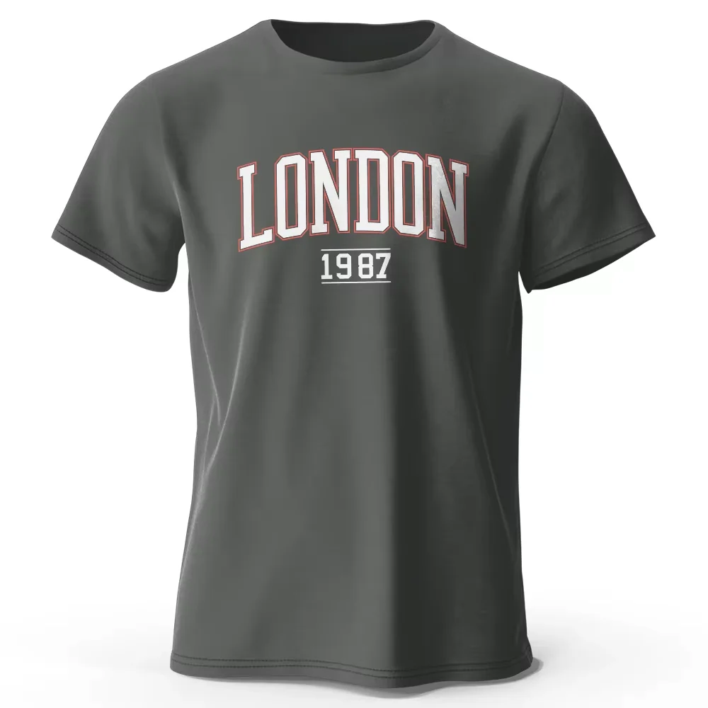 

2025 New Men's Dark Grey London 1987 Vintage Graphic Printed 100% Cotton Short Sleeve Oversized Tee Unisex Casual Sportswear Top