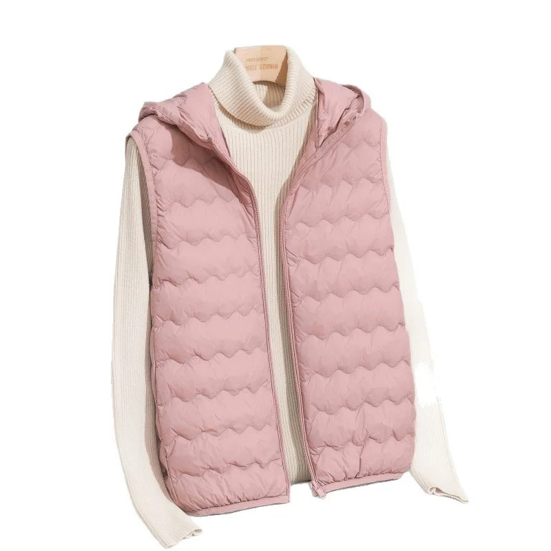 سترة نسائية خفيفة من ريش البط للخريف والشتاء، سترة عصرية خفيفة الوزن بغطاء للرأس دافئة بدون أكمام، ملابس خارجية داخلية #5