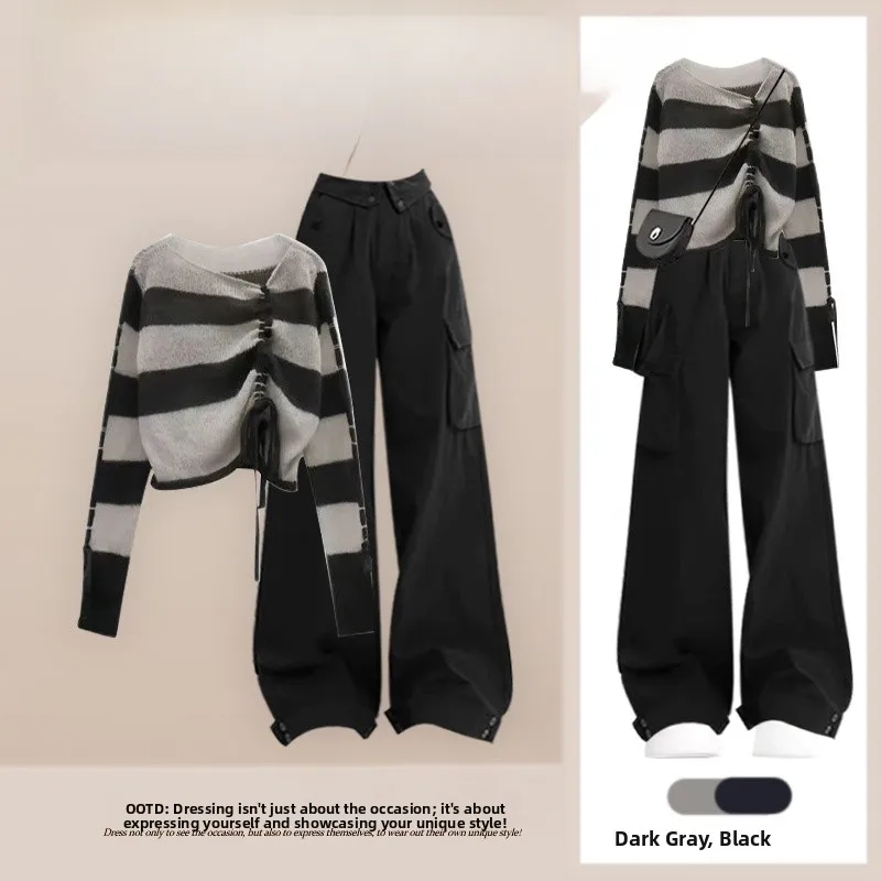 

Fashionable Korean Design Striped Knitted Sweater And Slimming Workwear Pants Two Piece Set for Women Autumn Spring Casual Wear