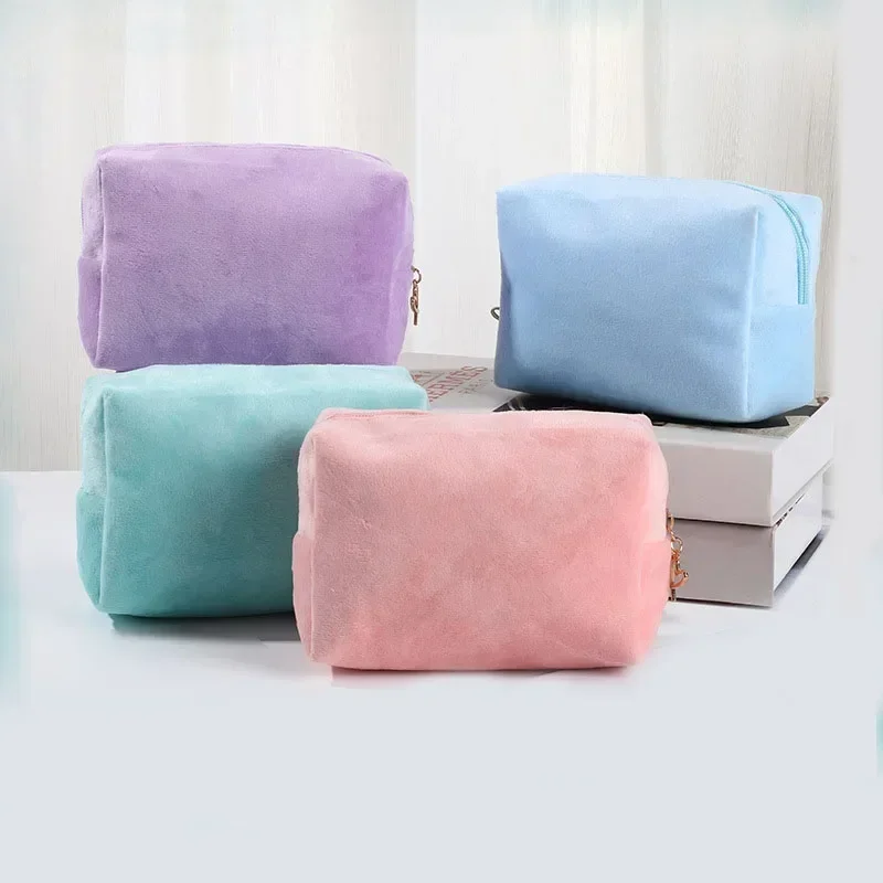 Candy Color Plush Zipper Women Cosmetic Bag Fashion Solid Color Makeup Organizer Storage Bag Daily Storage Travel Makeup Case