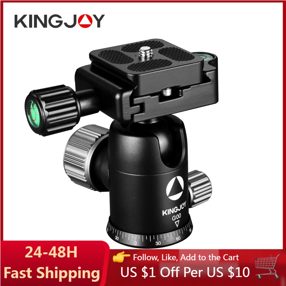 

KINGJOY Aluminum Tripod Ball Head 360° Rotate Panoramic with 1/4" Quick Release Plate and Level Bubble for Camera Tripod Monopod