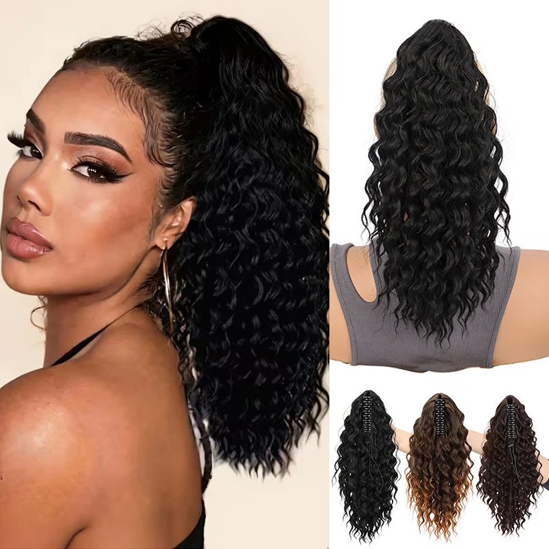 16Inch Synthetic Short Deep Curly Ponytail Hair Extension Claw Clip in Mixed Colors Fluffy Hairpiece for Women Daily Party