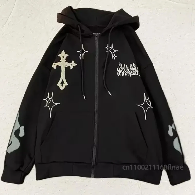 

American Retro Cardigan Sweatshirt with Fun Print Cross for Couples, Loose and Fluffy Hooded Sweatshirt for Autumn and Winter