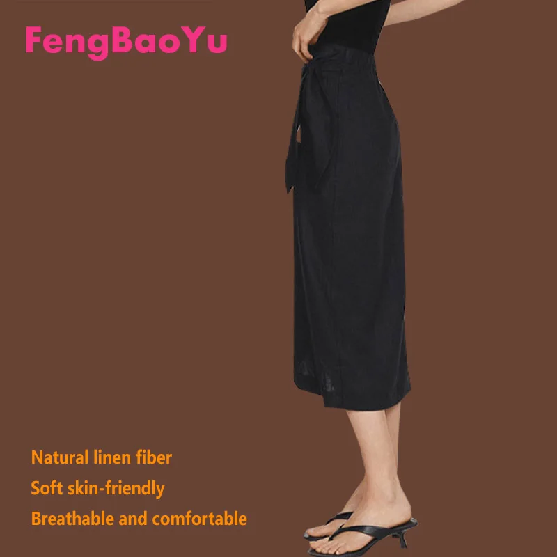 

Fengbaoyu 100% High-end Linen Ladies' Half-Dress with Wrapped Butterfly Knots - Elegant and Fashionable Summer Casual Dress