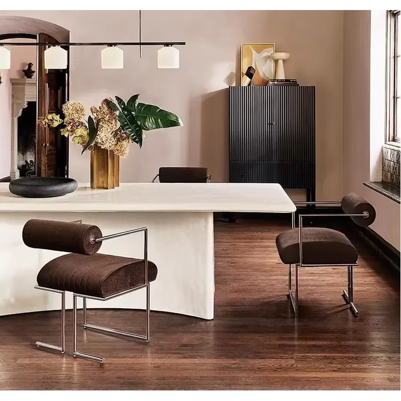 Mid Century Modern Dining Chair Bauhaus Style Stainless Steel Frame Armchair Upholstered Seat Minimalist Design for Living