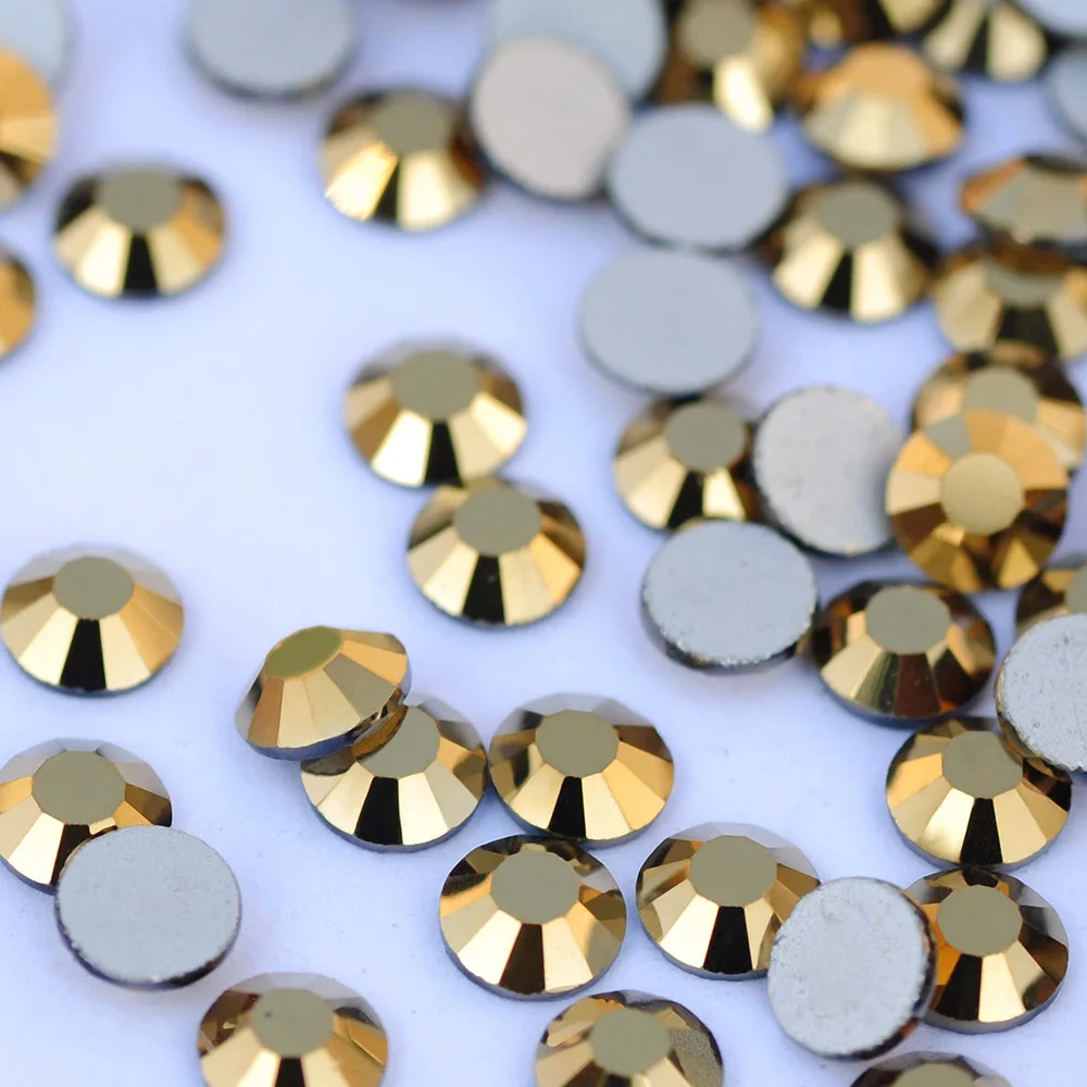 Aurum Goldene Glasrhinestones, flache Kristallsteine ohne Hotfix-Befestigung, Glasperlen für Kleider, Taschen, Schuhe - Alle Größen zur Dekoration – Detail 3
