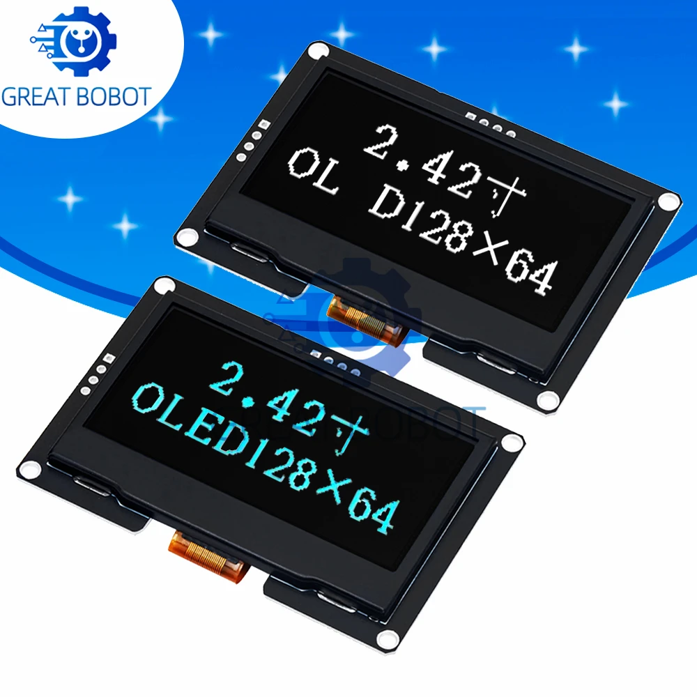 

Модуль OLED-дисплея BS 2,42 дюйма 128x64: белый/синий, последовательный интерфейс IIC/I2C и SPI — идеально подходит для C51 SPD0301