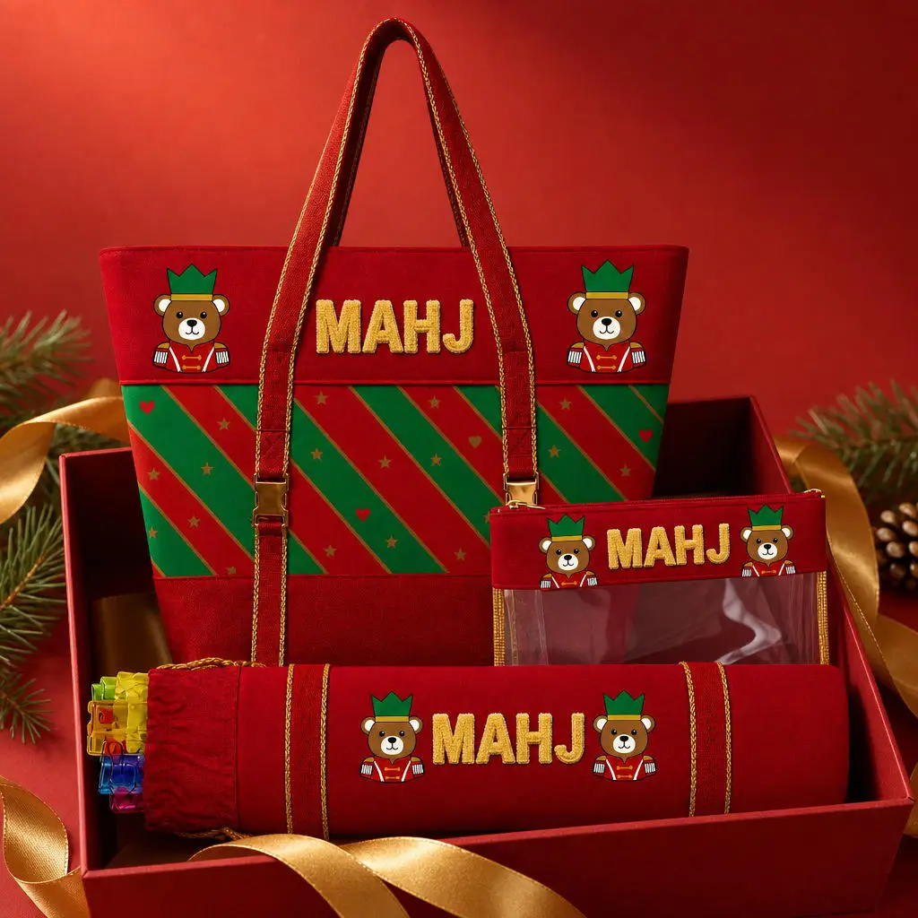 Christmas Mahjong Bag 3Pcs Set Red Green Mahjong Tote Handbag with Clear Tile Pouch & Rack Storage Bag  20.27*14.56 Inch