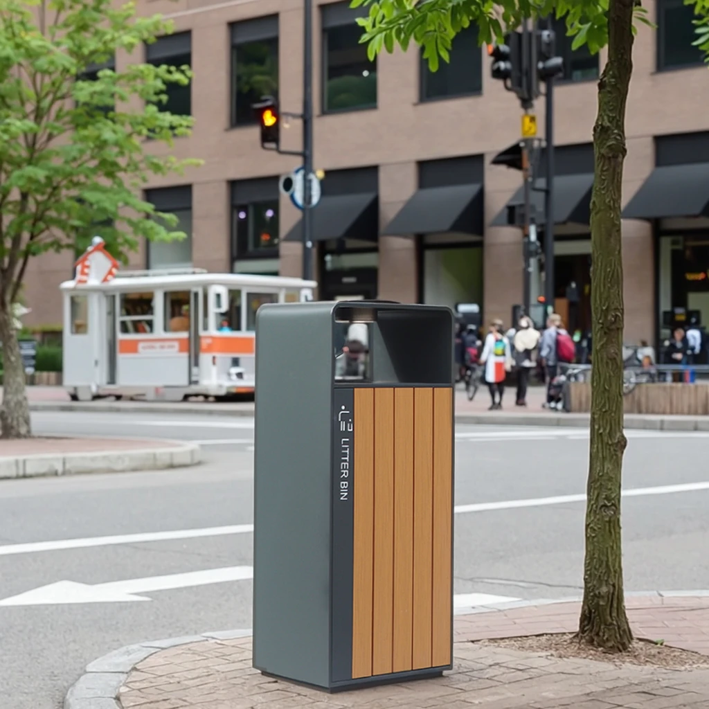 

Modern Stainless Steel with Wooden Waste Bin Outdoor Container with Ashtray for Street Recycling Trash Can