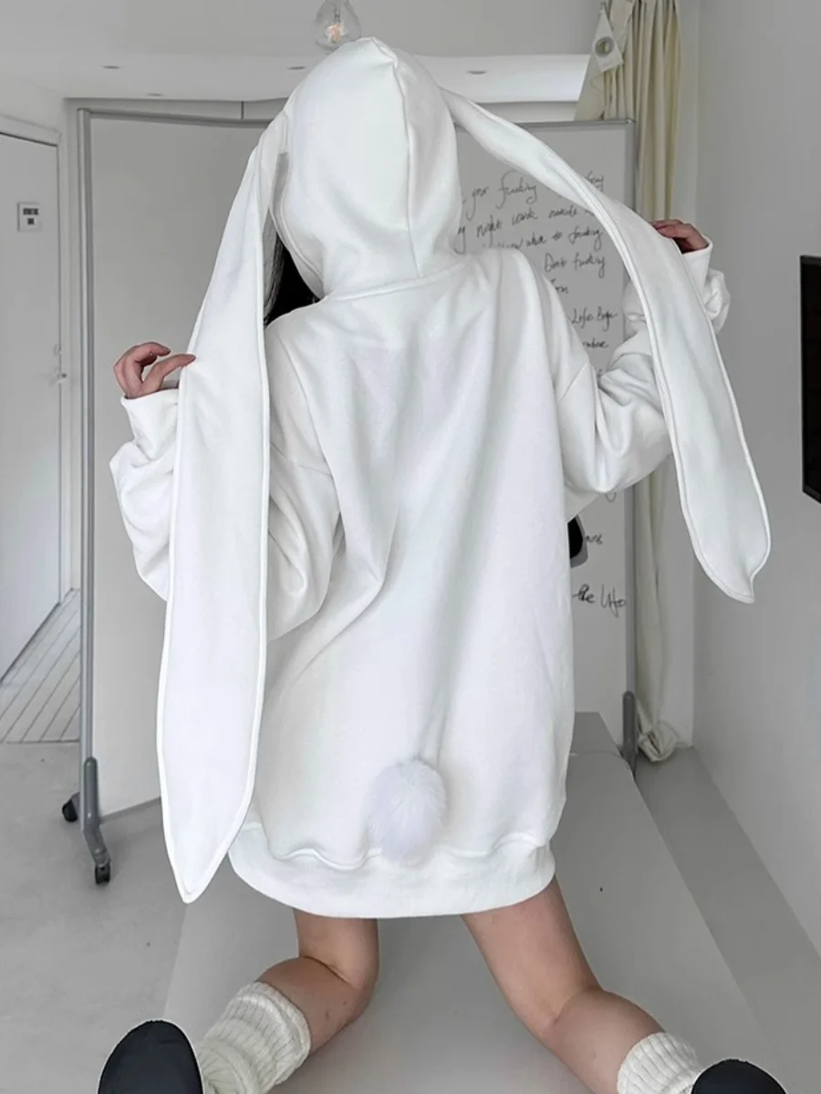 Oversized Hoodies Women Y2K Hooed Sweatshirt Female White Cute Rabbit Zipper Coat Ladies Preppy Style Fashion Loose Hoodie