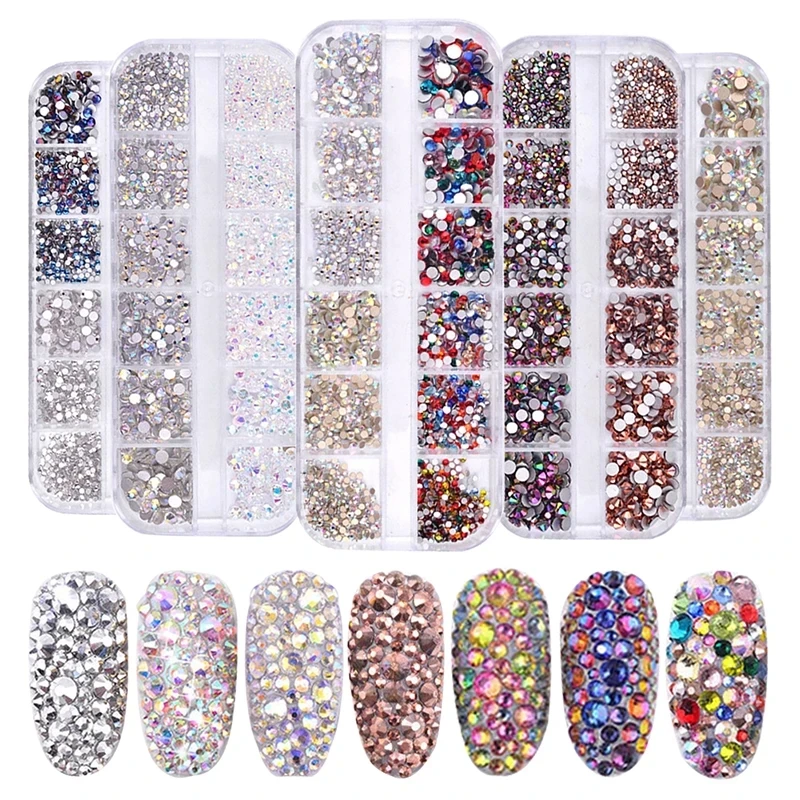 Nail Art Rhinestone 6/12 Grids Box Nail Beads AB Crystal Nail Diamond Glitter Flatback Gems，Boxed Manicure Decoration Jewelry ZB