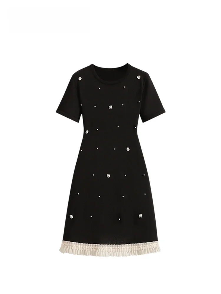 

plus Size Short Sleeve Dress Women's Spring Summer Fashionable Versatile Slimming Mid-Length Midi Dress round Neckline Polyes...
