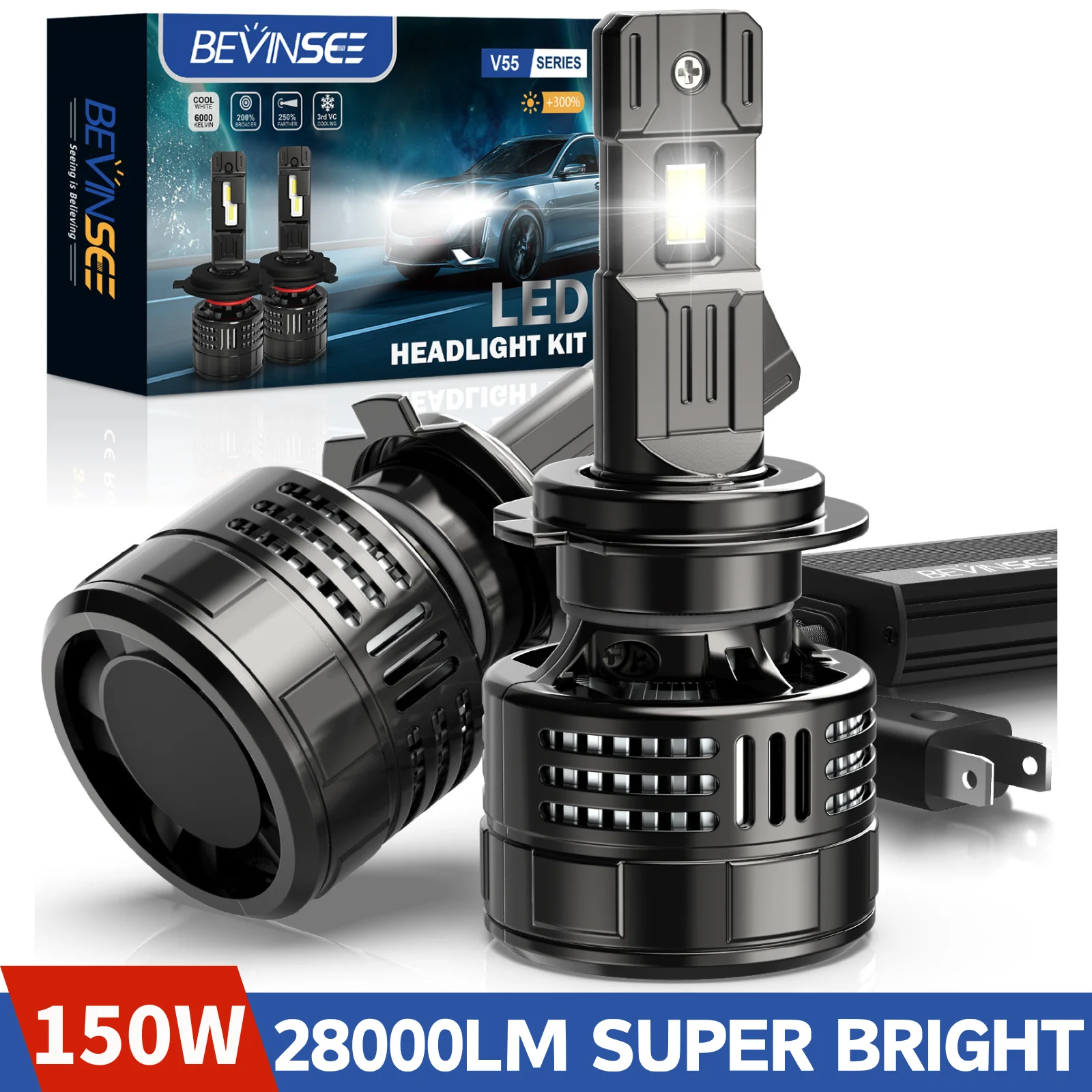 BEVINSEE H4 H7 H11 LED Lights 12V 9005 HB3 9006 HB4 9012 HIR2 LED Headlight Bulbs 28000LM 150W LED Car Lights Powerful 6000K 12V