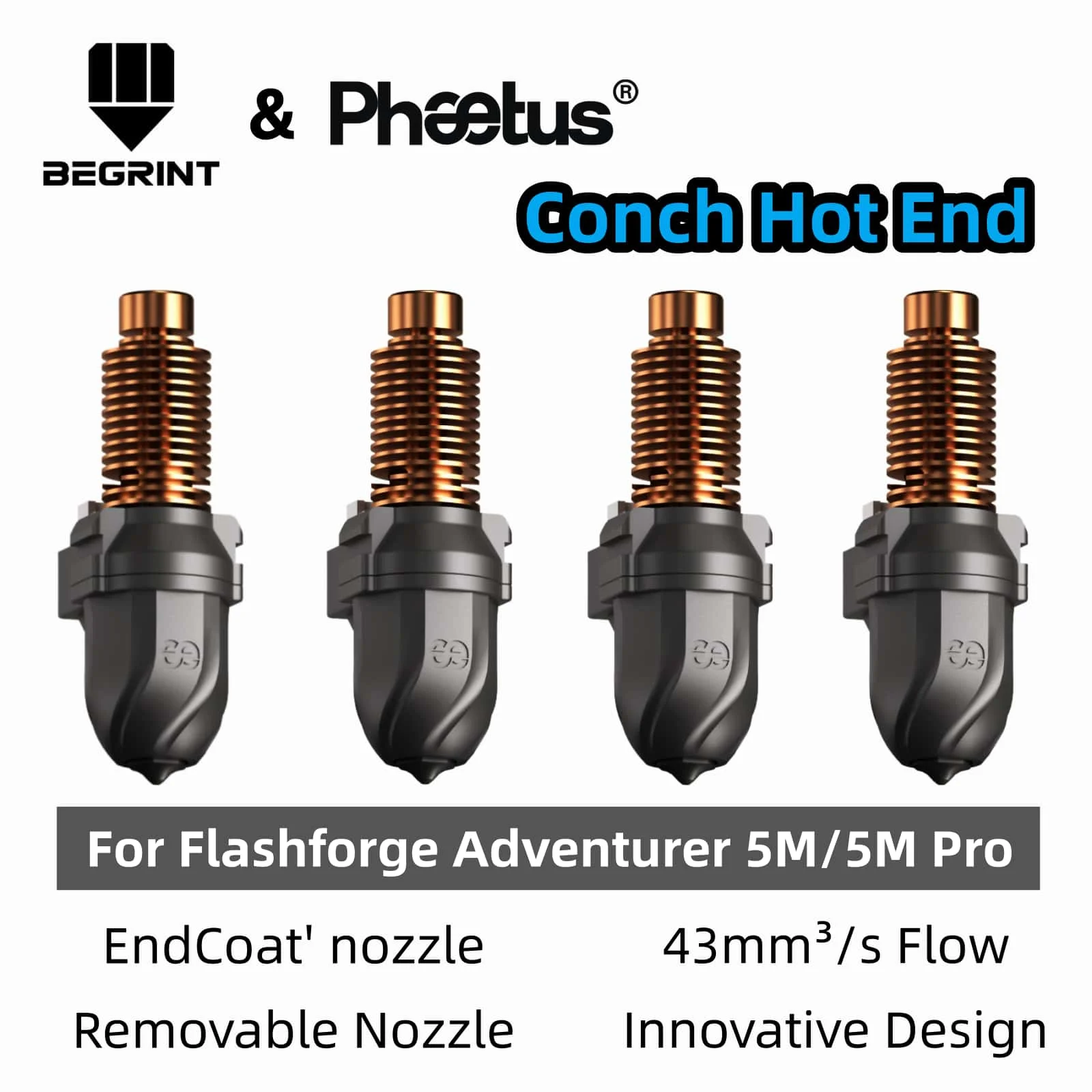 

Phaetus Conch Hotend For Flashforge Adventurer 5M 5M Pro EndCoat™ Nozzle 0.25/0.4/0.6/0.8mm Wear-resistant High Hardness Nozzle