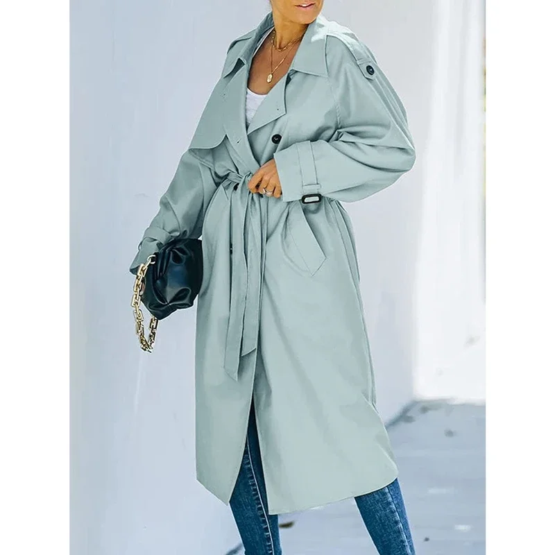 Dames Klassieke Lange Trenchcoat Effen Kleur Dubbele Rij Knopen Revers Lange Mouw Winddichte Overjas Met Riem Baggy Streetwear